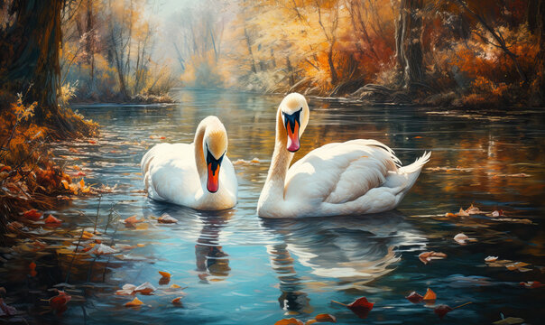 Swans on the lake in the autumn park.