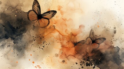 Butterfly background, abstract art, mystic, alcohol ink, boho  earthy illustration in eco tones of browns and pinks and purples, natural color palette, grunge art with insects and water colors