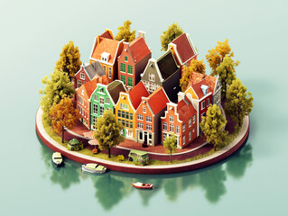 Amsterdam House village city circle with canal and boats in summer season holiday 3D isometric illustration - 758551634