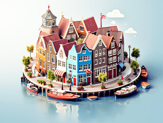 Amsterdam House village city circle with canal and boats in summer season holiday 3D isometric illustration - 758551635