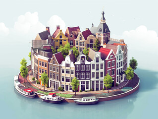 Amsterdam House village city circle with canal and boats in summer season holiday 3D isometric illustration - 758551659