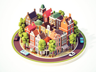 Amsterdam House village city circle with road and cars in summer season holiday 3D isometric illustration - 758551679