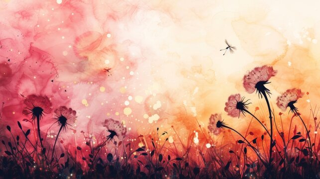 Abstract Art, Field of Dandelions, Mystical, Ink, Watercolor, Shimmering and Magical, Fantasy, Artistic and Creative, wallpaper, background, watercolor painted background, backdrop, paper, card, print