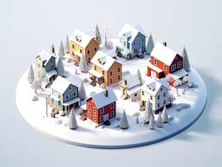 Colorful Scandinavian Nordic House village city circle with snow winter season holiday 3D isometric illustration - 758551843