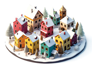 Colorful Scandinavian Nordic House village city circle with snow winter season holiday 3D isometric illustration flat color and simply design - 758551844