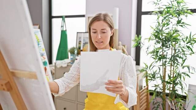 A focused caucasian woman artist in a studio inspecting a blank canvas wearing a yellow apron.