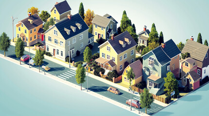 Colorful Nordic House village city in summer season holiday 3D isometric illustration flat color and simply design - 758552008
