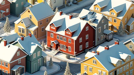 Colorful Nordic House village city in winter season holiday 3D isometric illustration flat color and simply design - 758552091