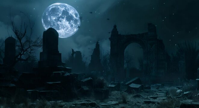 An eerie, dilapidated graveyard under a full moon, with shadows that seem to move