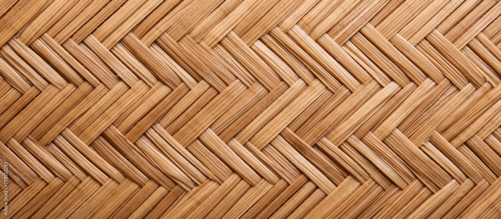Poster a close up of a brown wicker basket with a herringbone pattern made of hardwood, featuring a varnish