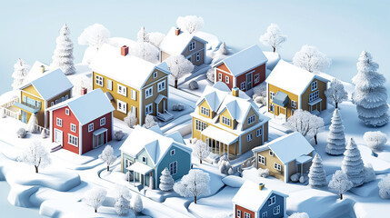 Colorful Nordic House in the snow falling place village city in winter season holiday 3D isometric illustration flat color and simply design Christmas time - 758552204