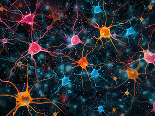 An intricate network of colorful neurons against a black background