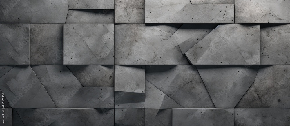 Poster a closeup of a grey rectangular tile wall with a blackandwhite geometric pattern, featuring parallel