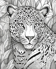 Black and white illustration for coloring animals, jaguar.