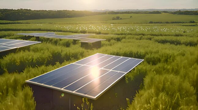 solar power plant with green grass around it, cinematic
