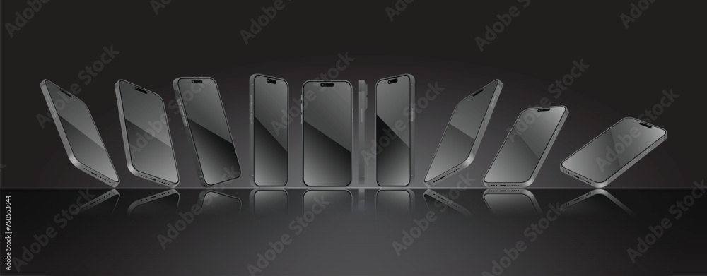 Aufkleber black smartphone mockup in different angles collection. 3d perspective view mobile phone and cellpho