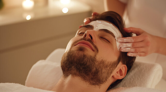 A man at a spa getting a facial mask applied to his face for skincare treatment. Concept for men's personal care, beauty salon, massage therapist's office. Copy space.