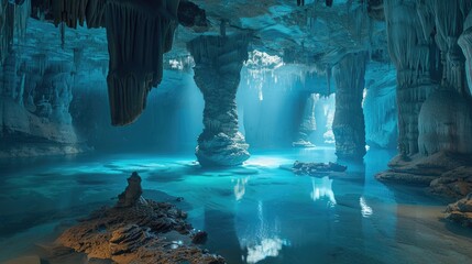 Ethereal blue light filters through a stunning underground cave, highlighting its stalactites and...