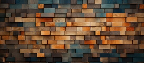 The building material used for the brick wall is brown rectangular bricks arranged in a symmetrical pattern. The flooring is made of wood - obrazy, fototapety, plakaty