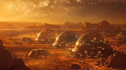 Domes of a futuristic human settlement glow under a star-filled sky on a Martian-like landscape. - obrazy, fototapety, plakaty