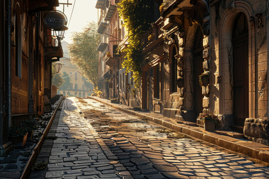 European style street under sunlight, cityscape with classical buildings and cobblestone roads