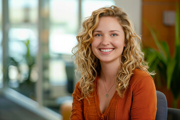 Fototapeta premium A marketing professional woman sitting at a desk, smiling at the camera in an engaging and friendly manner. Copy space.