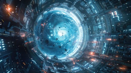 A breathtaking view from inside a futuristic space station with a transparent dome revealing a swirling cosmic vortex and asteroid field. - obrazy, fototapety, plakaty