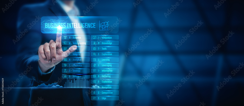 Poster businessman touch business intelligence network searching for data-driven insights and analytics ser