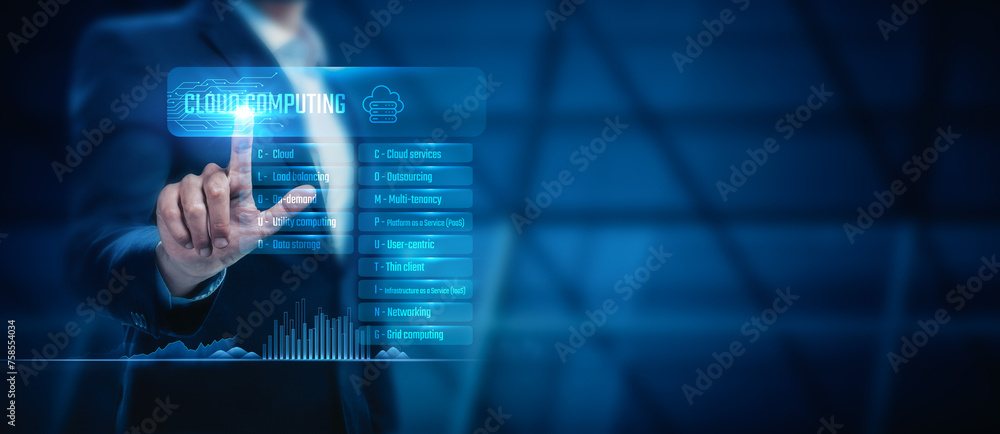 Poster businessman touch cloud computing business network search for cloud-based services and solutions. di