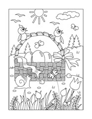 Easter coloring page, sign, poster, banner, or greeting card. Beautiful basket with eggs, fresh grass and flowers, young birds, butterflies, snail, tulips.
