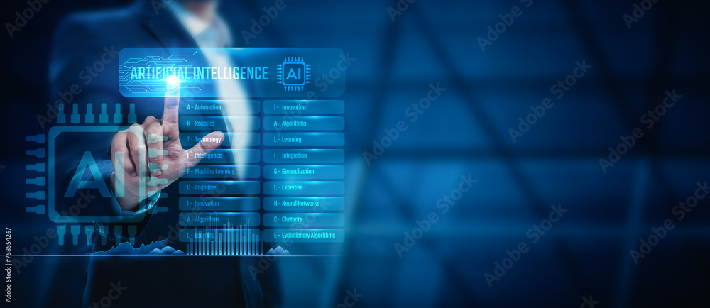 Poster businessman touch the realm of artificial intelligence in the business world, seeking ai-driven solu