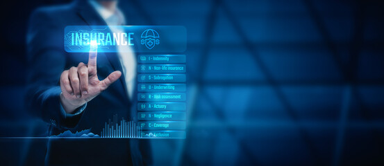 Businessman touch the insurance industry network, searching for reliable insurance services and health coverage plans. Digital insurance technology helps people manage their insurance needs.