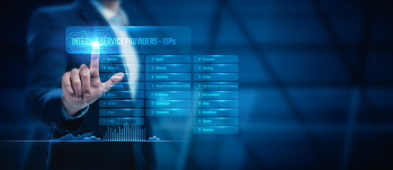 Businessman touch the internet service provider (ISP) industry, searching for reliable and efficient network services. Digital technology advancements in the ISP sector support.