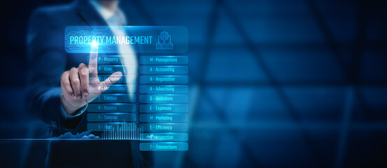Businessman touch the property management network for real estate services. Digital property management technology supports efficient property monitoring and a global property management business.