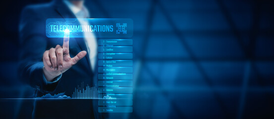 Businessman touch the telecommunications industry, searching for telecommunication services and network providers. Digital technology supports seamless communication, connecting people globally.