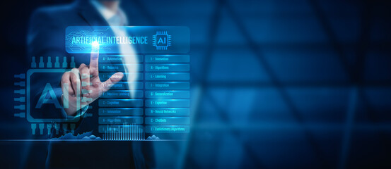 Businessman touch the realm of artificial intelligence in the business world, seeking AI-driven solutions and services. Embracing digital technology and AI support