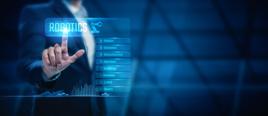 Businessman touch the robotics industry network in search of robotic business services and automation. Digital robotics technology supports various applications.