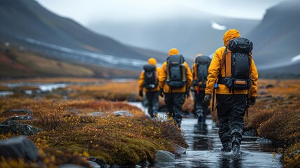 Obraz premium A line of hikers in waterproof gear crossing a river in a lush forest, embodying the spirit of outdoor adventure.