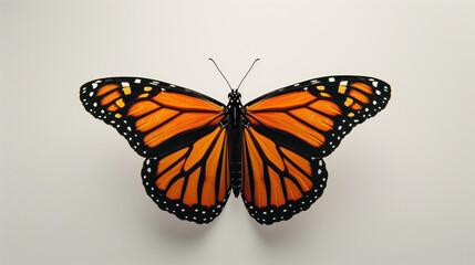A monarch butterfly rests on a white wall, displaying its vibrant orange wings under the sun. Copy space.
