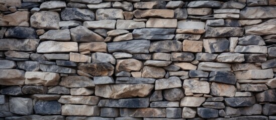 Fototapeta premium A detailed closeup of a stone wall constructed from various types of rocks, showcasing a beautiful combination of building materials and intricate patterns