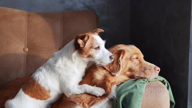 A Nova Scotia Duck Tolling Retriever and a Jack Russell Terrier lounge on an armchair, exuding a relaxed vibe in a stylishly appointed room