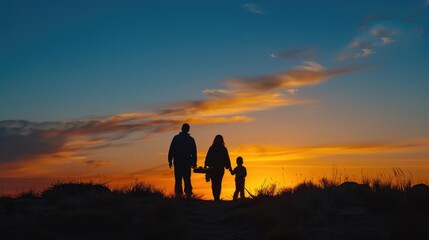 Fototapeta premium A family's silhouette against a vibrant sunset sky, strolling on sandy dunes at the beach, evokes a feeling of togetherness.