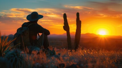 A hiker with a backpack sits peacefully beside cacti, watching the sun dip below the horizon in the desert. - obrazy, fototapety, plakaty