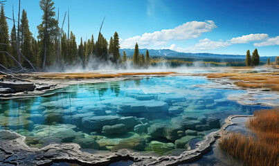 Realistic landscape of Yellowstone Park on a sunny day. - obrazy, fototapety, plakaty