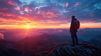 Fototapeta premium A solitary hiker gazes at a breathtaking sunset from the peak of a majestic mountain range.