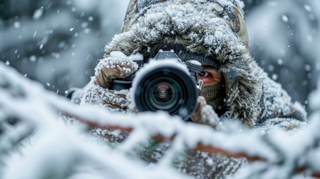 Cloaked In Snow Camouflage, A Photographer Captures The Serene Frozen Landscape, With His Camera Lens Focused Intently Amidst A Gentle Snowfall.