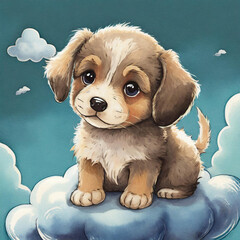 구름 위에 앉아 있는 귀여운 강아지 - obrazy, fototapety, plakaty