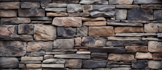 A detailed closeup of a brown stone wall featuring a multitude of rectangular bricks. The intricate brickwork forms a composite material art piece on the building