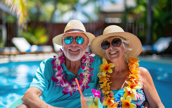 Photograph of a happy senior couple relaxing by the pool with drinks and leis wearing beach attire - Powered by Adobe