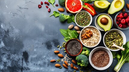 Healthy food clean eating selection. Fruit, vegetable, seeds, superfood, cereal, leaf vegetable on gray concrete background. Top view. Healthy food background and Copy space for text. 